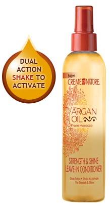 a bottle of argan oil next to a bottle of leave - in conditioner