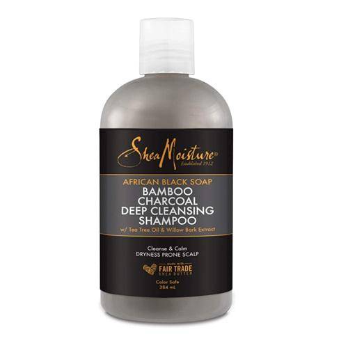 a bottle of Shea Moisture African Black Soap Deep Cleansing Shampoo
